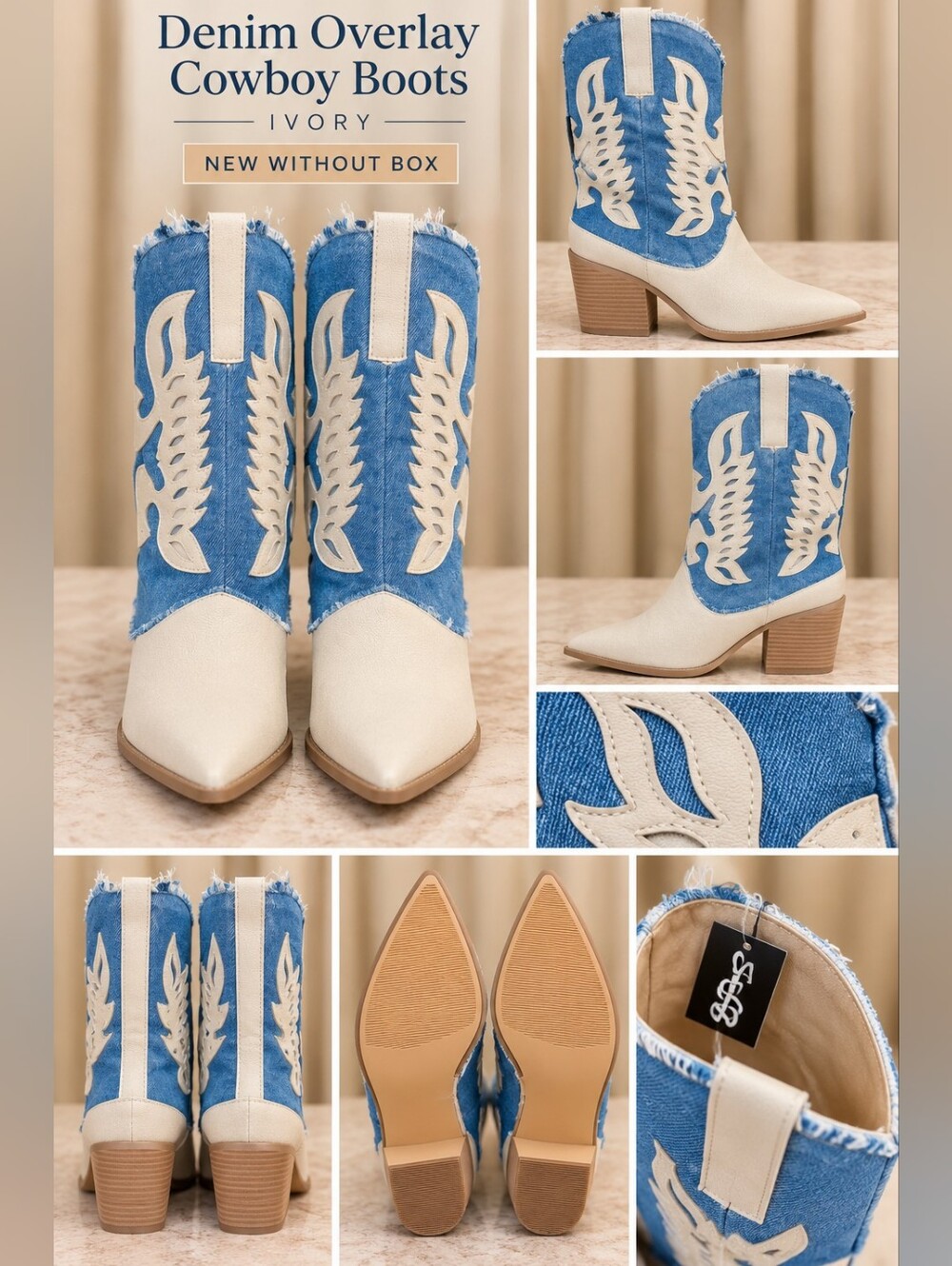 NWOB Ivory Denim Overlay Cowboy Boots - Women